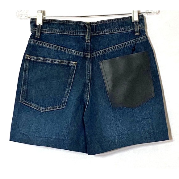 Massimo Dutti Denim Shorts 2 Blue Dark Wash Button Fly Faux Leather Pocket NWT - Picture 1 of 16